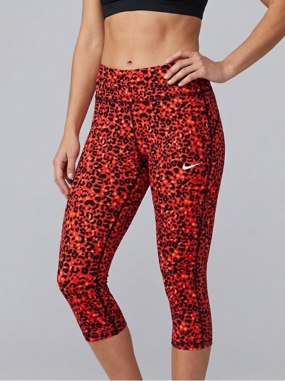 NIKE Running Dri-FIT Leopard Print Crop Leggings - Orange & Black - Medium #177